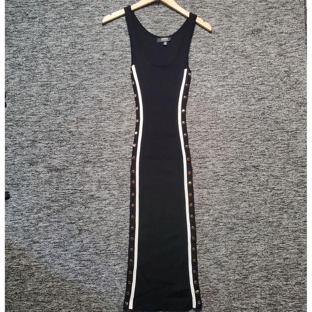 Hera Collection Midi Dress Women Small Black Ribbed Gold Snap Button‎ Bodycon